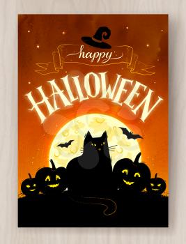Halloween postcard design with lettering, black cat, full moon and pumpkins on wood background.
