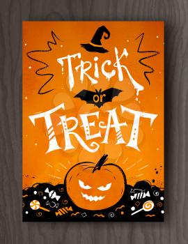 Trick or Treat Halloween postcard design with lettering, pumpkin and candies on wood background.