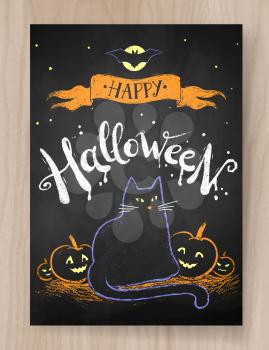 Halloween postcard color chalked design with black cat and pumpkins on wood background.