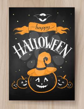 Halloween postcard color chalked design with lettering and pumpkin with witch hat on wood background.