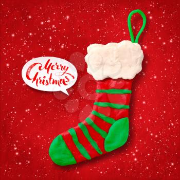 Vector hand made plasticine figure of Christmas sock with shadow isolated on red festive grunge bacground with snowfall and light sparkles.