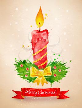 Christmas vintage vector watercolor postcad with decorated candle and red ribbon banner