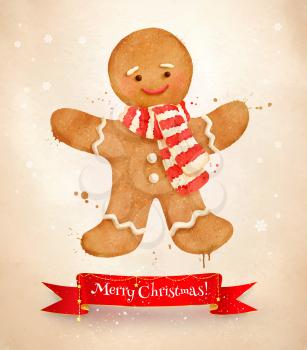 Christmas vintage vector watercolor postcad with gingerbread man cookie and red ribbon banner