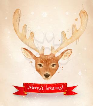 Christmas vintage vector watercolor postcad with reindeer and red ribbon banner