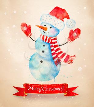 Christmas vintage vector watercolor postcad with Snowman wearing santa hat, scarf and mittens and red ribbon banner