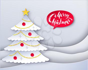 Vector illustration of decorated fir tree with paper cut layered snow drifts and red Merry Christmas speech bubble banner.