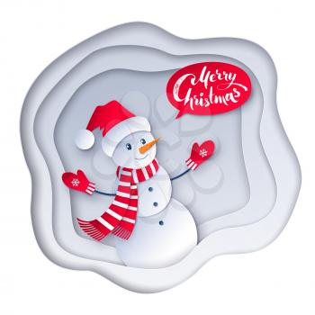 Vector cut paper art style illustration of Snowman wearing santa hat on white layered banner background.