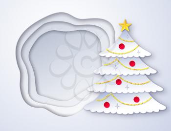 Vector illustration of decorated fir tree and paper cut layered shapes banner background.