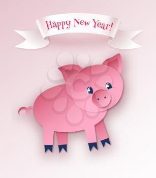 Vector paper cut style postcard with scroll banner and cute New Year Pig character.