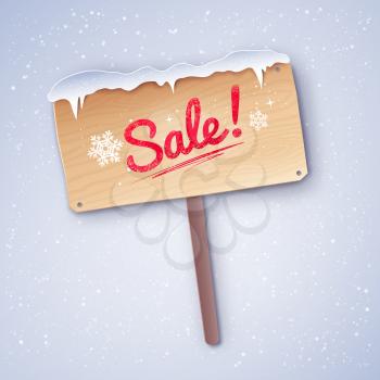 Vector paper cut style illustration of Sale wooden signboard on snowfall winter background.