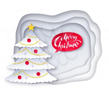 Vector illustration of decorated fir tree with white paper cut layered banner and red Merry Christmas speech bubble.
