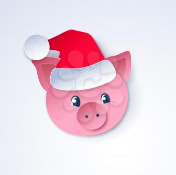 Vector cut paper art style isolated illustration of cute funny New Year Pig face wearing Santa hat.