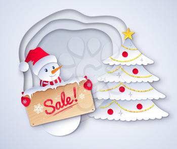 Vector paper cut style illustration of cute Snowman character with sale wooden signboard on Christmas Tree background.