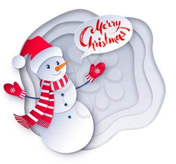 Vector cut paper art style illustration of Snowman wearing santa hat and scarf and Merry Christmas lettering banner.