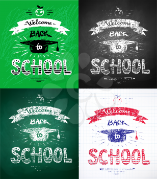 Welcome Back to School posters with mortarboard cap and ribbon banner on chalkboard and checkered paper background.
