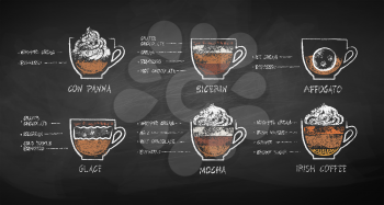 Vector chalk drawn sketches collection of dessert coffee recipes on chalkboard background.