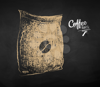 Vector chalk drawn sketch of closed sack with coffee beans on chalkboard background.