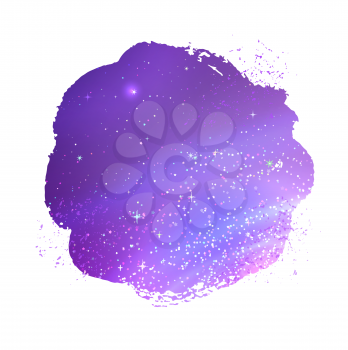 Grunge hand painted watercolor stain with glowing ultraviolet outer space background inside.