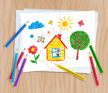 Top view vector illustration of color pencils lying on paper with child drawing of house, tree and sun on light wooden desk background.