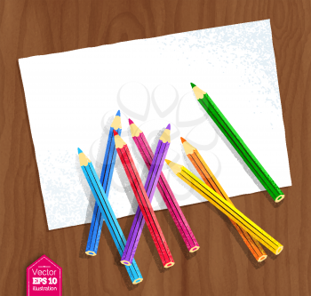 Top view vector illustration of color pencils lying on paper on wooden desk background.