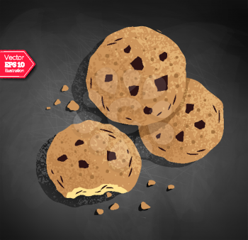 Top view vector illustration of cookies with crumbs on chalkboard background
