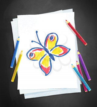 Top view vector illustration of child drawing of butterfly on white paper on chalkboard background with pencils.