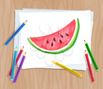 Top view vector illustration of child drawing of watermelon on white paper on wooden desk background with pencils.
