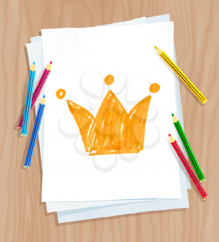 Top view vector illustration of child drawing of crown on white paper on wooden desk background with pencils.