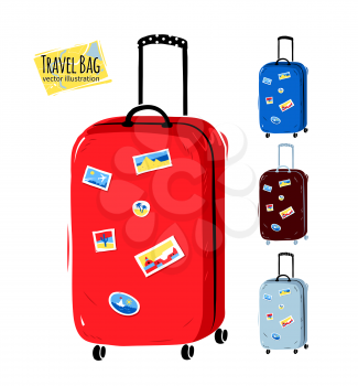 Collection of vector illustrations of travel bags with stickers.