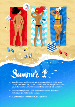 Seaside vacation design with vector illustration of three young women lying on beach and sunbathing with summer accessories and sea surf near them. 