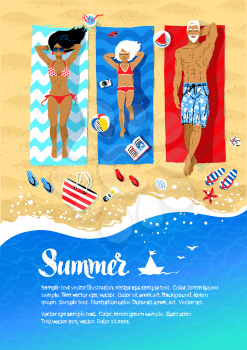Summer vacation flyer design with illustration of family lying on beach and sunbathing with accessories and sea surf near them.
