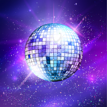 Vector illustration of disco ball on ultraviolet outer space background.