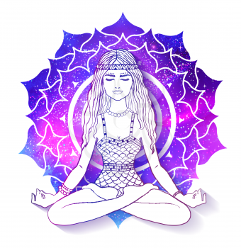 Vector illustration of young woman sitting in pose of lotus and meditating on Sahasrara chakra background with outer space and nebula inside. 