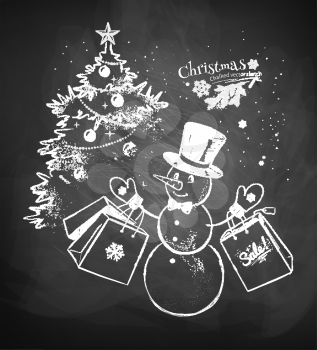 Vector chalk drawn illustration of cute Snowman character with shopping bags and decorated Christmas tree on chalkboard background.
