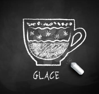Vector black and white sketch of Glace coffee on chalkboard background with piece of chalk.