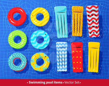 Top view vector collection of pool rafts and rubber rings on swimming pool water background.