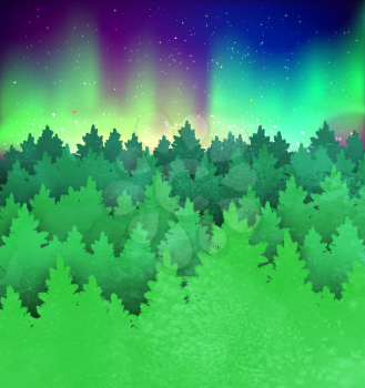 Christmas winter landscape background with northern lights and green spruce forest.