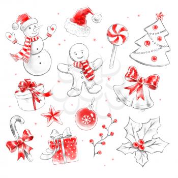 Hand drawn pencil and red watercolor collection of Christmas objects.
