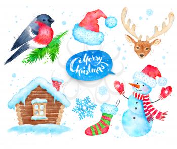 Watercolor illustrations collection with Christmas and winter symbols.