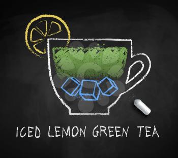 Vector sketch of Iced Lemon Green Tea with piece of chalk on blackboard background.
