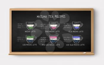 Vector illustration of chalkboard with color chalk drawn iced and hot Matcha tea recipes isolated on white background