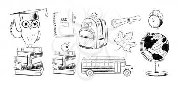 Vector set of education items doodles on white background.