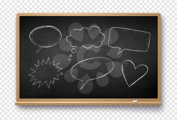 Vector set of line art grunge chalk drawn speech bubbles on school board isolated on transparency background.