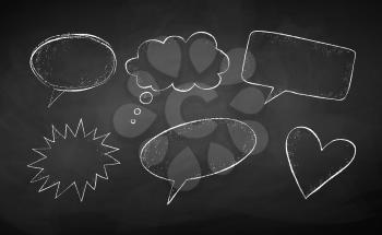 Vector set of line art grunge chalk drawn speech bubbles isolated on school board background.
