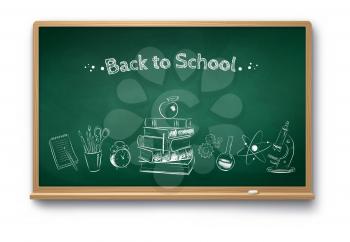 Vector chalk drawn back to school illustration on green chalkboard with shadow isolated on white background