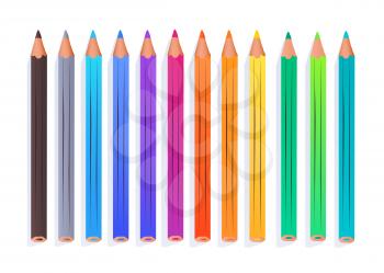 Top view vector illustration of color pencils row isolated on white background.