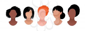 Vector illustrations of female profile pictures faceless avatars isolated on white background.