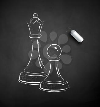 Vector black and white chalk drawn illustration of chess figures on black chalkboard background.