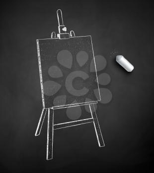 Vector black and white chalk drawn illustration of easel on black chalkboard background.