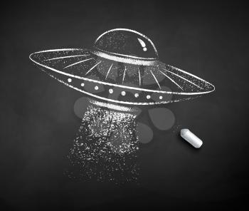 Vector black and white chalk drawn illustration of UFO on black chalkboard background.